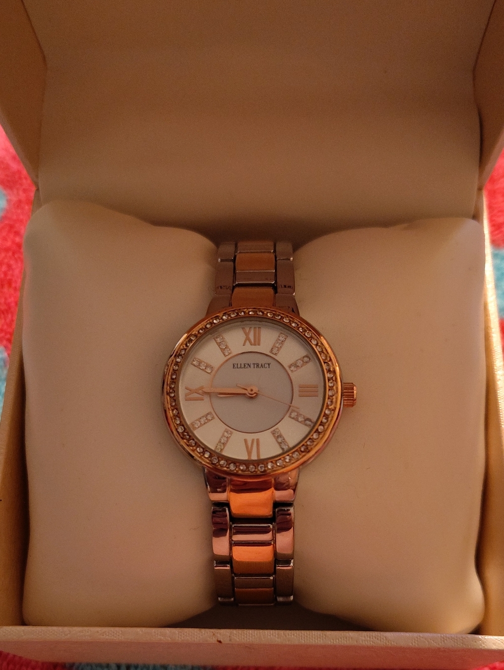 Ellen Tracy Rose Gold and Silver Crystal Accent Women's Watch